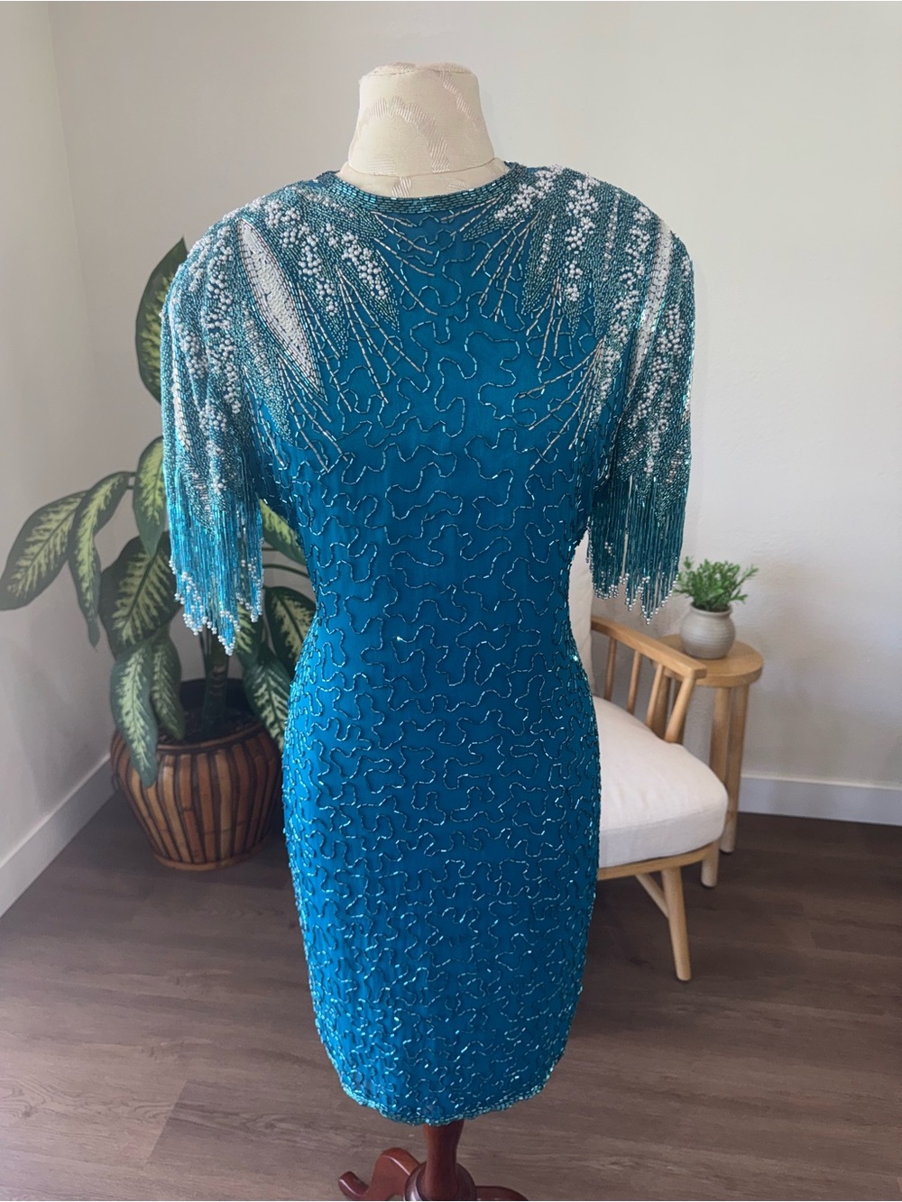Vintage Teal Blue A.J. Bari Sequin Beaded Cocktail 100% Silk Dress Art Deco #10